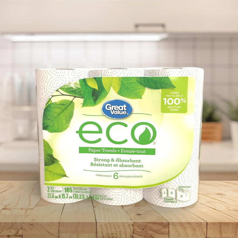 Great Value ECO Paper Towels, 6 jumbo rolls, 105 sheets, 105 sheet adaptable size