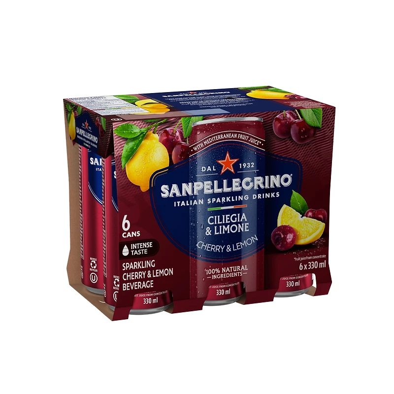 SANPELLEGRINO Boisson pétillante aux fruits italienne Ciliegia et Limone, faite avec du jus de fruits méditerranéens
