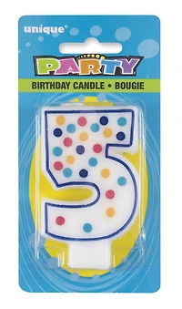 Bougie d'anniversaire numéro "5" à pois En forme du chiffre 5
