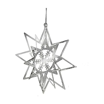 Christmas Spinning Silver Star Metal Ornament Snowflake - Set of 12