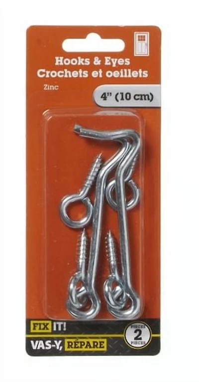Crochet et oeillet 4 po 2 pièces Le crochet et oeil est idéal pour verrouiller les barrières, les portes, les moustiquaires. Utilisation intérieure et extérieure.