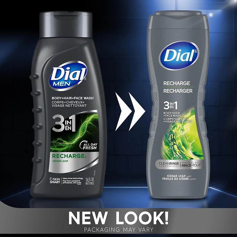 Dial Men Nettoyant 3 en 1 pour le corps, les cheveux et le visage, recharger, parfum feuille de cèdre, 473 ml