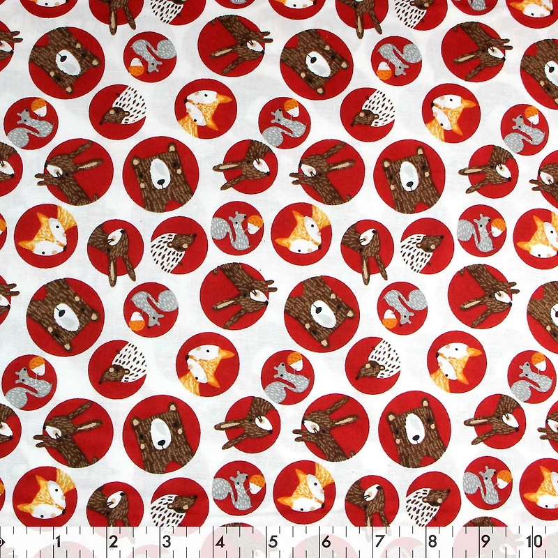 Fabric Creations White with Forest Animals in Red Circles Fat Quarter Pre-Cut Fabric - 18" x 21" / 45cm x 53cm