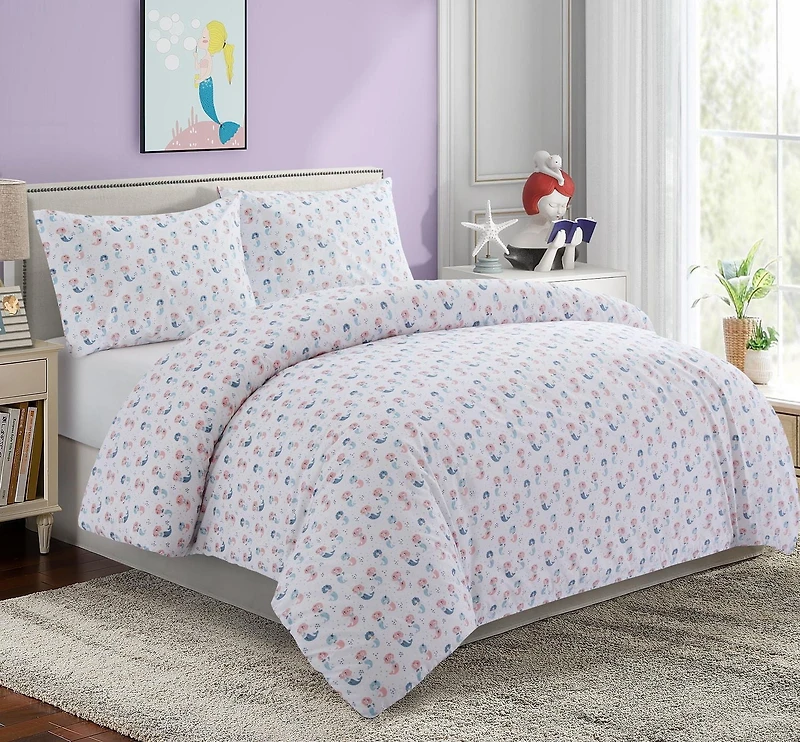 Literie en coton percale doux 600 fils/cm², motif sirène, pour enfants et tout-petits, avec housse de couette et drap-housse