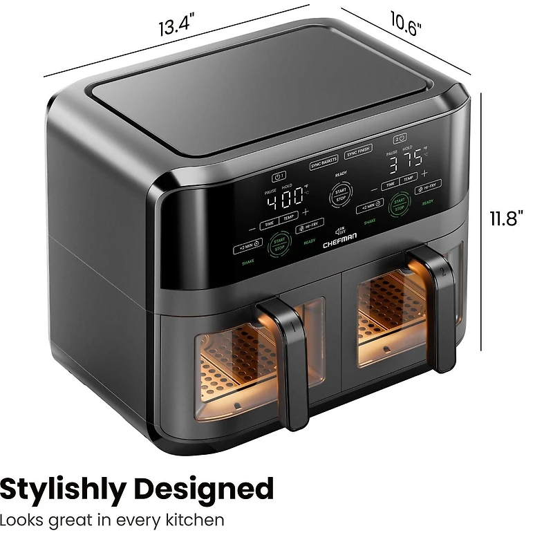 Chefman Dual Basket Digital Air Fryer Oven w/ Easy View Windows, 2 Independent 2.75L (3 Qt) Baskets - Black, New