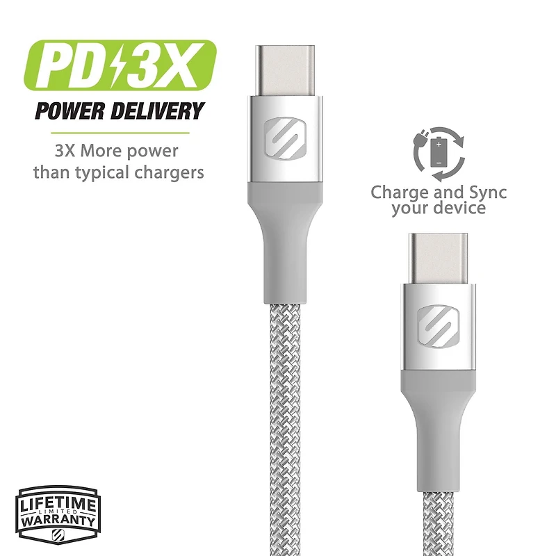 Scosche CCB10SR-SP Strikeline Premium USB-C to USB-C Charge & Sync Braided Cable 10-ft. Silver