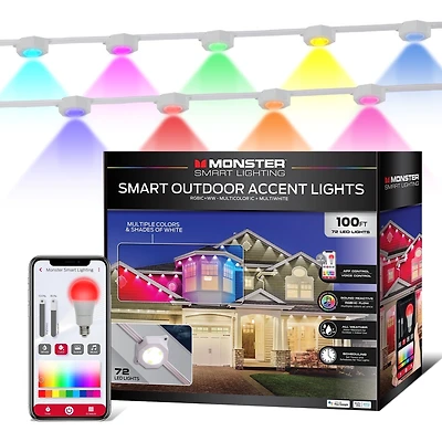 Monster Lumières Extérieures Permanentes Intelligentes, 100 Pieds, 72 LED RGBIC+ Multiblanc, Résistantes à l'Eau, Contrôle par Application et Voix, Parfaites pour les Fêtes et Toute l'Année