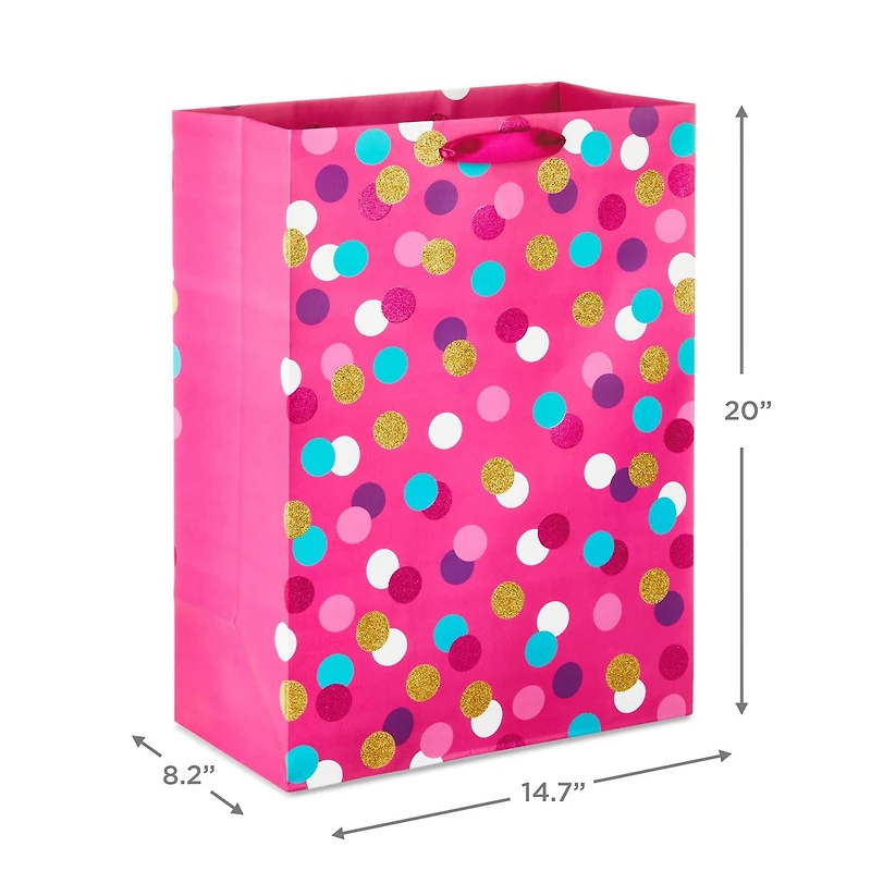 Très grand sac-cadeau Hallmark de 20 po (sarcelle, blanc, rose et or à pois scintillants sur rose) pour les fêtes, la fête des Mères, Pâques, les showers de mariage, les showers de bébé