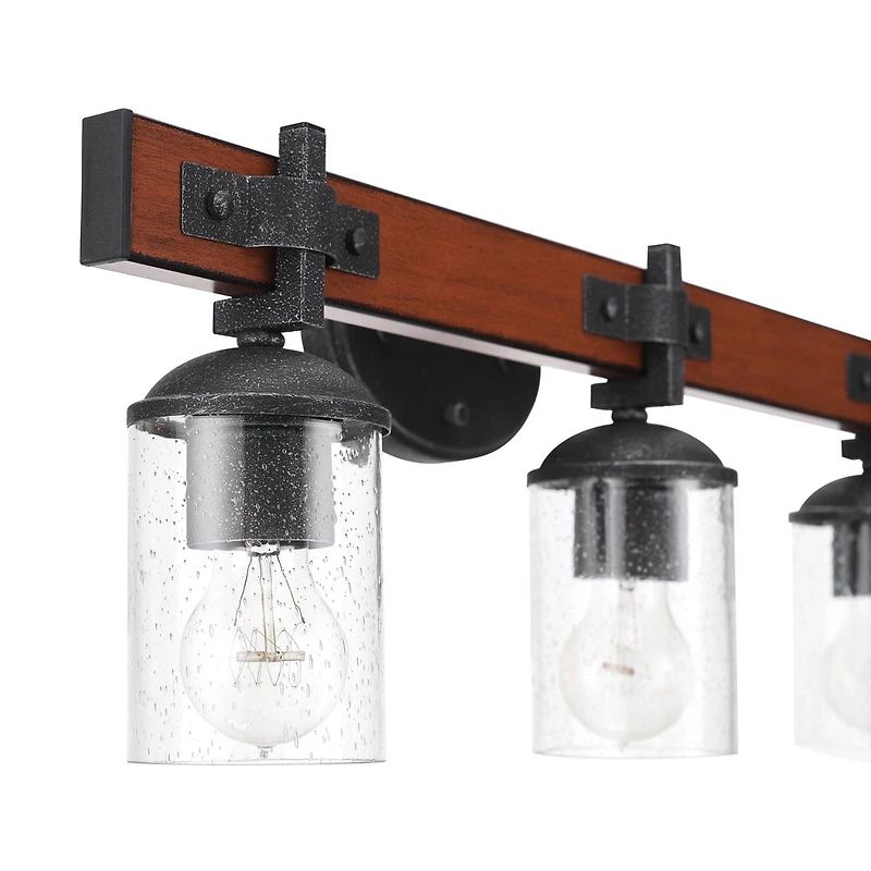 Globe Electric Kingston 3-Light Vanity Light, Dark Faux Wood, Galvanized Metal Accents, Clear Seeded Glass Shade, 51854