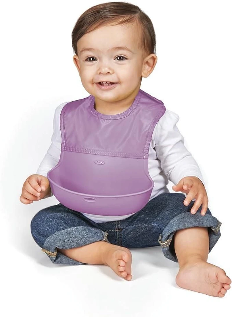 OXO Tot - Ensemble de bavoirs enroulables - Bavoirs bébé et tout-petit en silicone souple, imperméable et léger - Le tissu se roule dans la poche pour les voyages et le stockage - Gris/Lilas