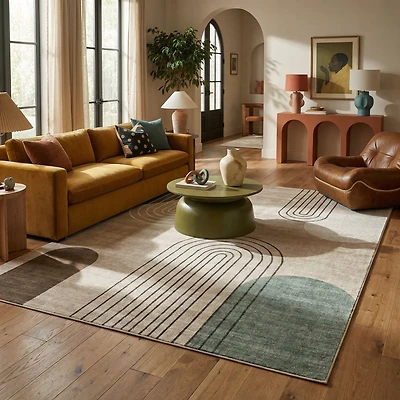 Tapis d'interieur moderne du milieu du siecle Rug Branch Eclipse, beige vert, abstrait - Salon, chambre, salle a manger et bureau
