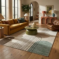 Tapis d'interieur moderne du milieu du siecle Rug Branch Eclipse, beige vert, abstrait - Salon, chambre, salle a manger et bureau