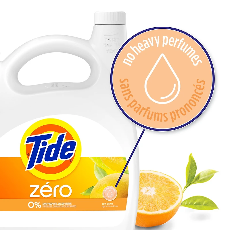 Tide Zero Liquid Laundry Detergent, Soft Citrus Scent, CleanScent Technology, 3.1L