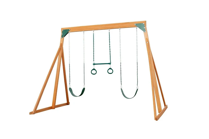 Balançoire en bois Trailside avec deux balançoires et trapèze - Disponible en 7 options de couleur !
