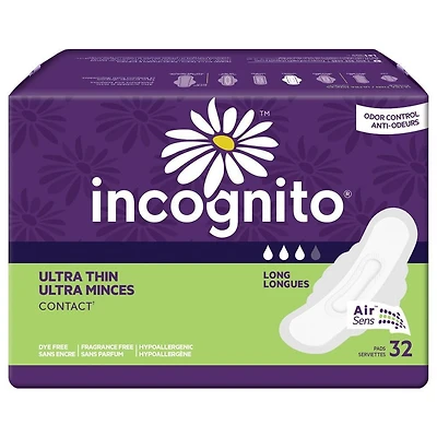 Incognito Ultra Thin Contact Long Winged Pads, 32 pads, Dye free & fragrance free