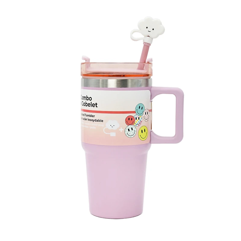 Kids Pink 20oz Stainless Steel Tumbler with Straw, Cloud Straw Topper & 6 Removable Smiley Stickers