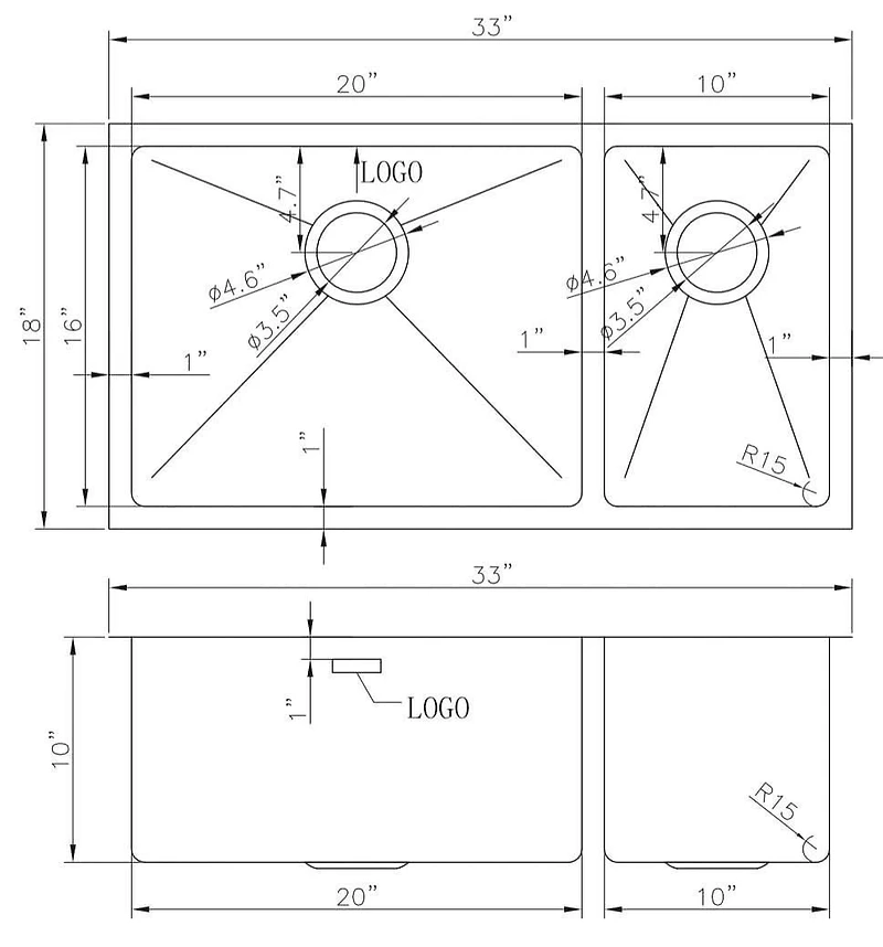 American Imaginations -in. W CSA Approved Stainless Steel Kitchen Sink With 2 Bowl And Gauge AI