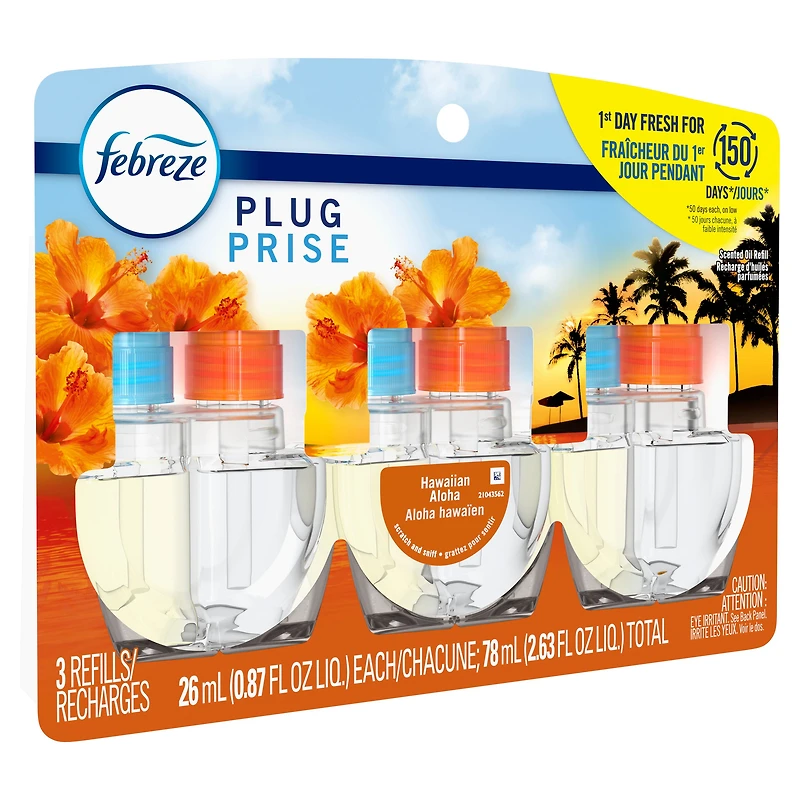 Assainisseur d’air à brancher Febreze, recharge d’huile parfumée qui combat les odeurs, parfum Aloha hawaïen, 3recharges 77.7ML
