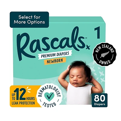Rascals Premium Diapers, Size 1, Small Carton, 80 Count, Preemie to Size 7