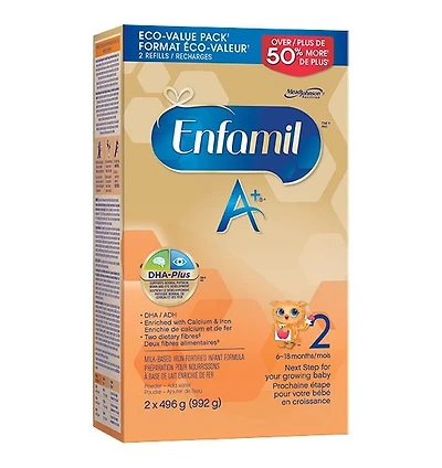 Enfamil A+ 2, Baby Formula, Designed for 6-18 month olds, Contains DHA – an important building block of the brain, Value Pack, Powder Refill, 992g, 2 x 496g