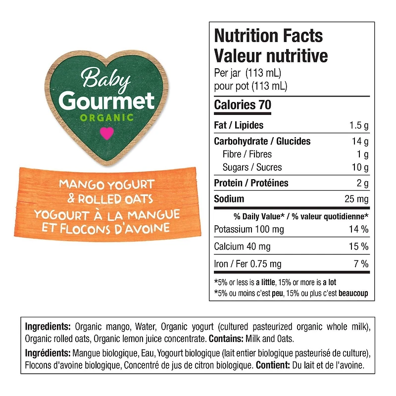 Yaourt à la mangue en pot biologique Baby Gourmet + flocons d'avoine Purée - 113ml