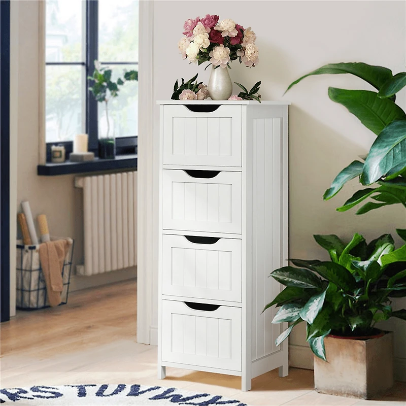 FullFurnique Wooden Freestanding Bathroom Floor Cabinet with 4 Drawers, White