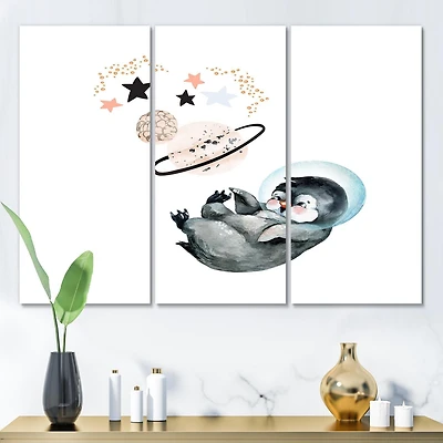 Designart Petit Pingouin avec des étoiles et des planètes I Art mural sur toile