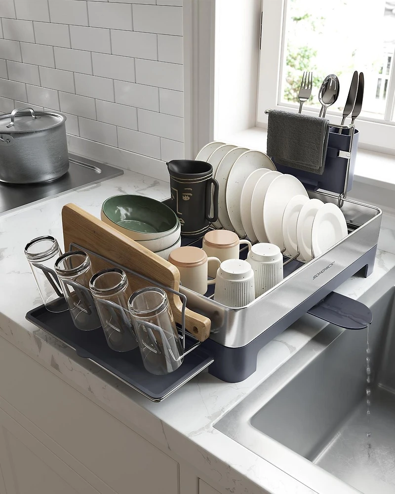 Songmics Home - Petit égouttoir à vaisselle en acier inoxydable, porte-ustensiles, argent et noir