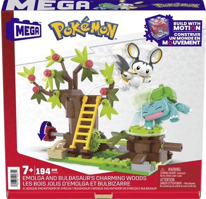 MEGA Pokemon Emolga and Bulbasaur's Charming Woods Building Toy Kit (194 Pieces) for Kids