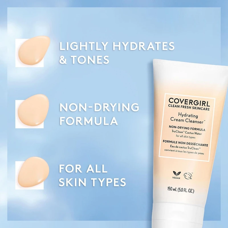 COVERGIRL Clean Fresh Skincare Hydrating Cream Cleanser™, Nettoyant avec eau de cactus et huile de graines de Meadowfoam, 100% Végétalien & Sans Cruauté Nettoyant hydratant