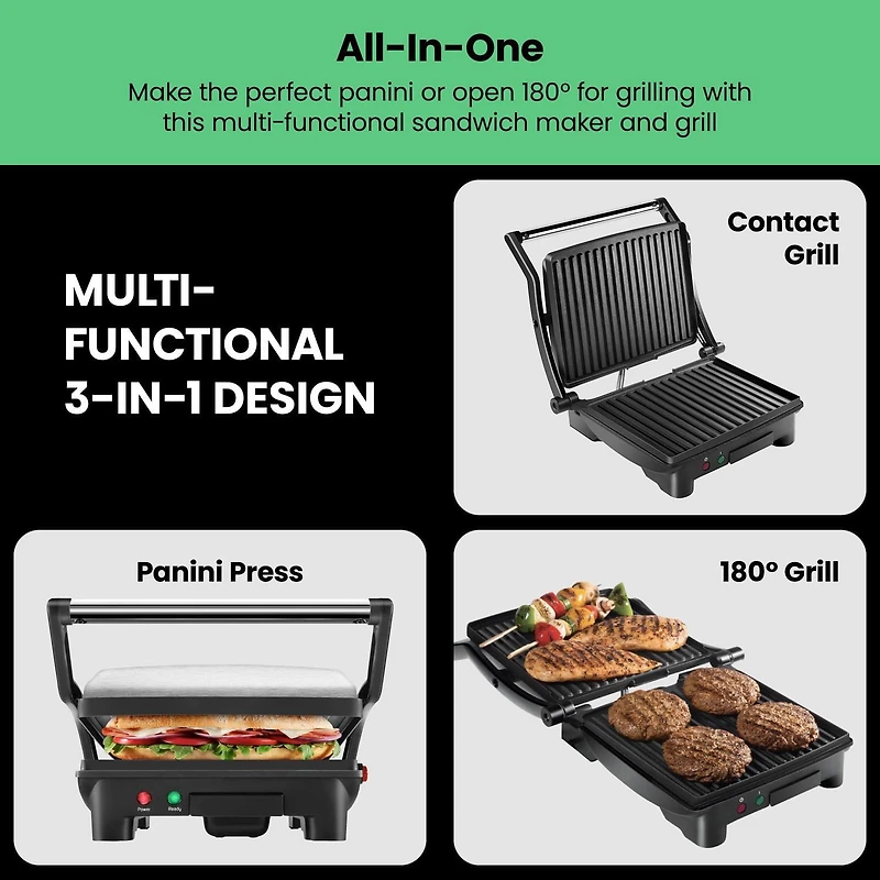 Chefman 3-in-1 Panini Press & Grill, 4-Slice Non-Stick, Opens Flat - Stainless Steel, New