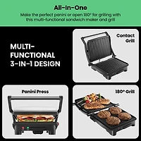 Chefman 3-in-1 Panini Press & Grill, 4-Slice Non-Stick, Opens Flat - Stainless Steel, New