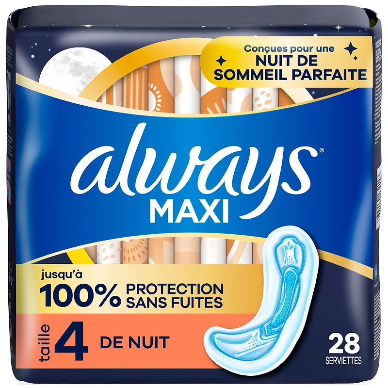 Always Maxi Overnight Pads without Wings for Women, Size 4, Overnight Absorbency, Unscented, 28 Count
