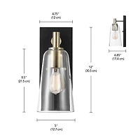 Applique murale à 1 ampoule noir mat avec accents en laiton mat et abat-jour en verre transparent