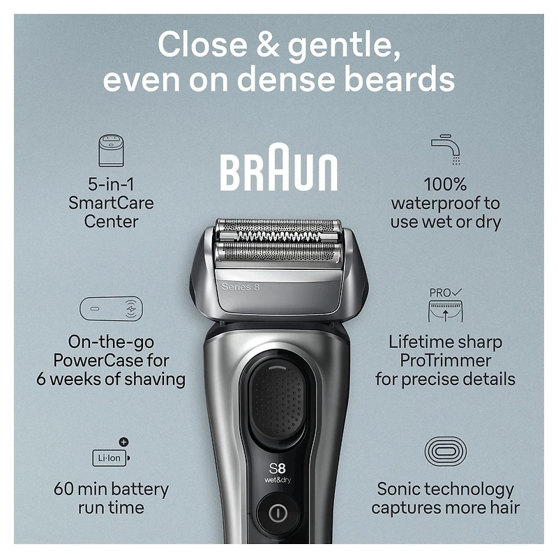 Rasoir électrique Braun Series 8, 4+1 éléments & tondeuse de précision pour poils longs, centre SmartCare 5 en 1, de près & en douceur même sur les barbes denses, étui pour chargement mobile, peau sèc