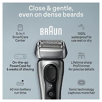 Rasoir électrique Braun Series 8, 4+1 éléments & tondeuse de précision pour poils longs, centre SmartCare 5 en 1, de près & en douceur même sur les barbes denses, étui pour chargement mobile, peau sèc