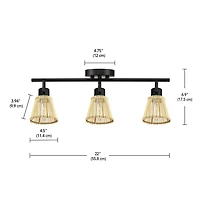 Rail d’éclairage noir mat à 3 ampoules avec abat-jours en bambou