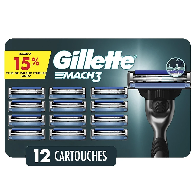 Cartouches de rechange Gillette Mach3, 12cartouches de rasoir, cartouches de rechange pour hommes avec bande lubrifiante, 3lames de rasoir pour un rasage de près 12CT