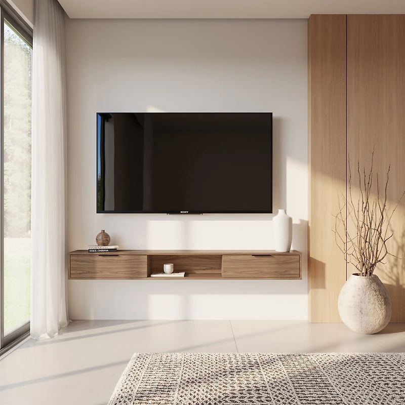 Meuble TV mural Nexera Slim 72 po avec 2 armoires, noyer clair