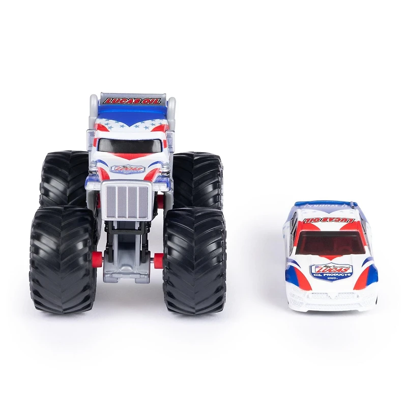Monster Jam, Monster truck Lucas Stabilizer officiel et voiture de course à l'échelle 1:64, jouets pour garçons et filles à partir de 3 ans