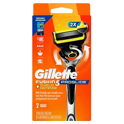 Gillette Fusion5 ProGlide Shield Shaving Razor for Men, 1 Razor Handle, 2 Refills, 2x Lubrication, FlexBall Handle and Precision Trimmer for Men, 1CT