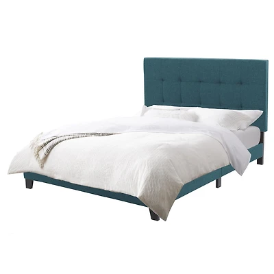 CorLiving Ellery Fabric Upholstered Adult Queen Bed Frame with Slats and Tufted Headboard - No Box Spring Required
