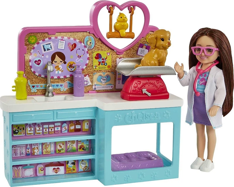 Barbie Chelsea Pet Vet Doll (Brunette) & Playset, 4 Animals, 18 Accessories, Ages 3+