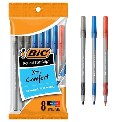 Stylo-bille BIC Round Stic Grip Extra Confort, pointe moyenne (1,2 mm), couleurs assorties, prise extradouce pour un meilleur confort et contrôle, paquet de 8 Paq. de 8