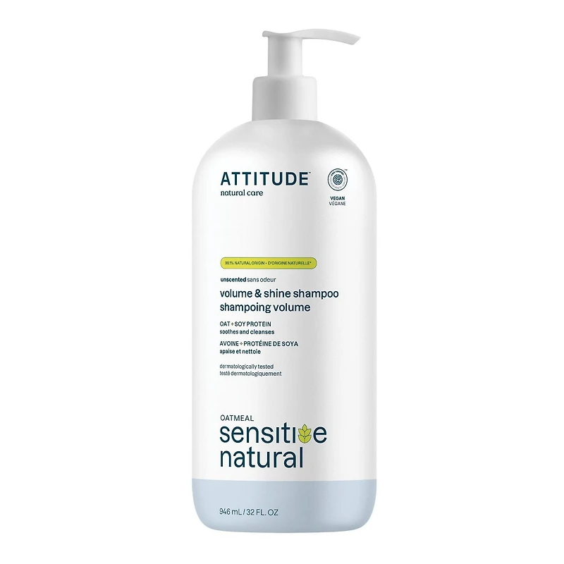 ATTITUDE oatmeal sensitive natural, Volume & Shine Shampoo, Oat & Soy Protein, Unscented, 946 mL