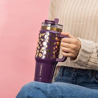 Thyme & Table 32oz Tumbler with Handle, Dual Straw Lid, Stainless Steel Double Wall Insulated, Purple Dot