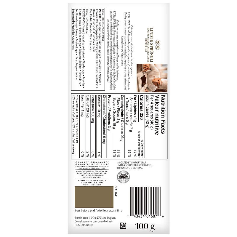 Lindt EXCELLENCE Barre de chocolat noir à l'amande et à la mangue, 100 g 100 g