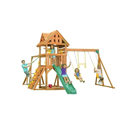 Creative Cedar Designs Mountain View Lodge Swingset avec accessoires jaunes et toboggan vert