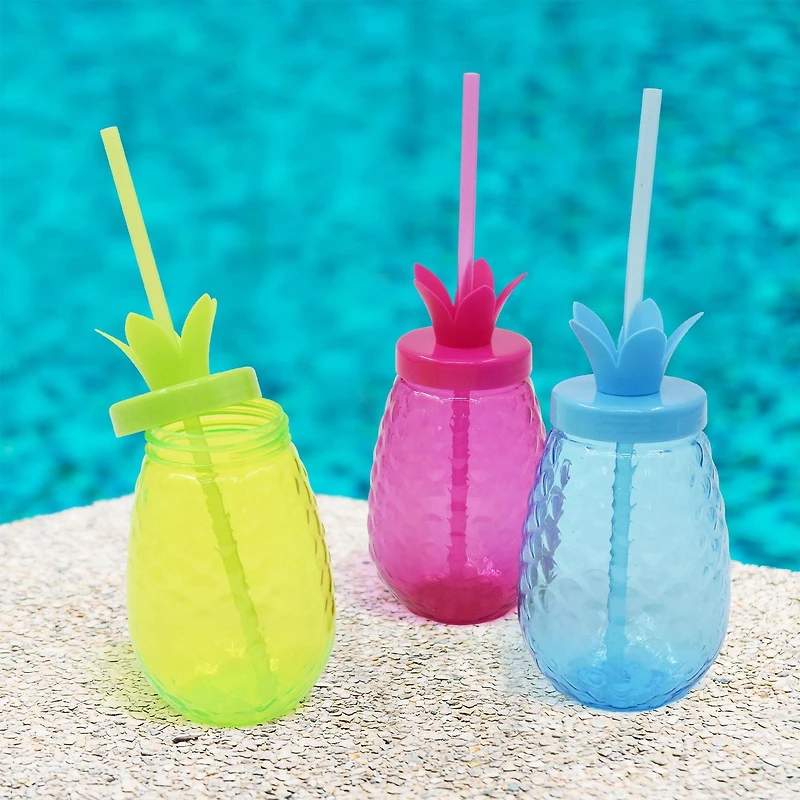 Gobelet en plastique rose ananas Mainstays avec paille, verre, 1 pièce