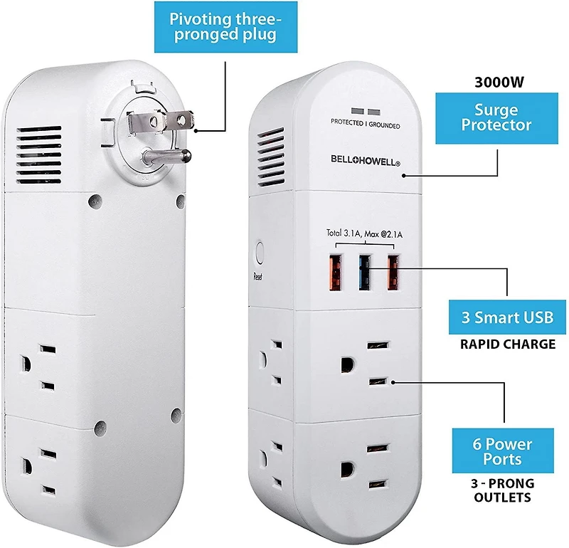 Bell + Howell Swivel Power with Surge Protection, 6 Power Outlets, 3 USB Ports, and Swivel Rotation, Power charging station